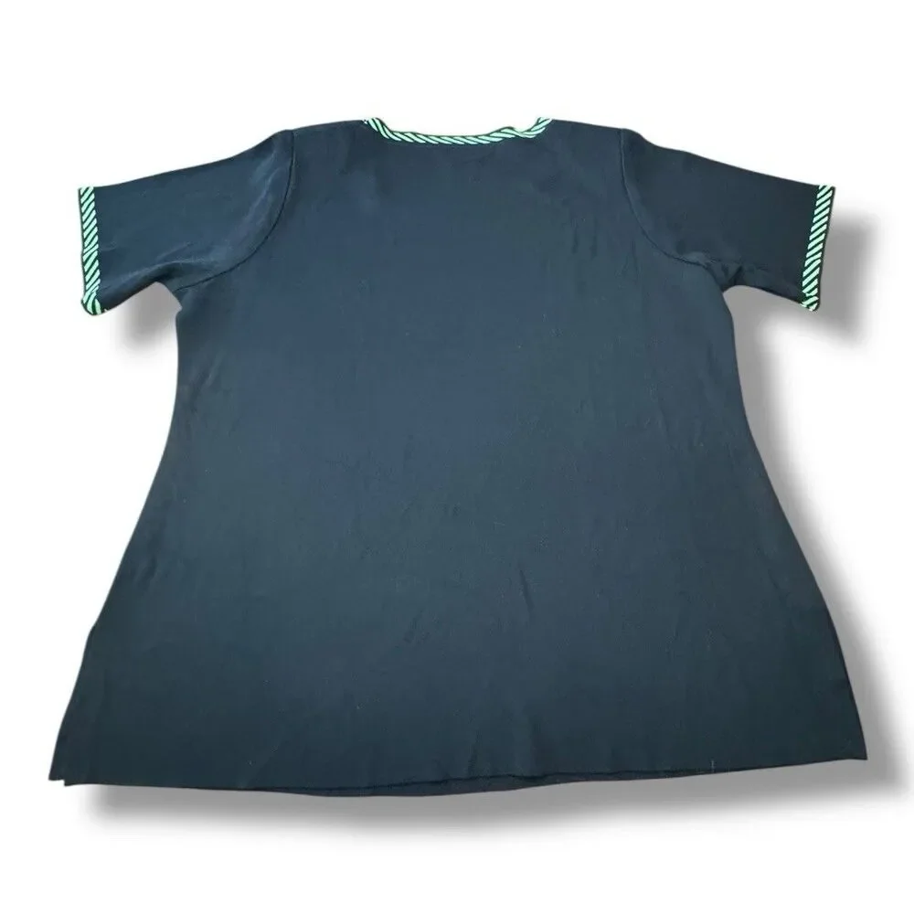 Exclusively Misook Knit Black Short Sleeve Green Stripes Acrylic Pullover Sz XL